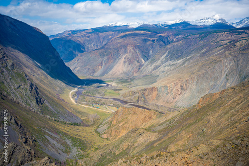 Mountain pass Katu-Yaryk with view on valley of the mountain river Chulyshman  Altai  Russia