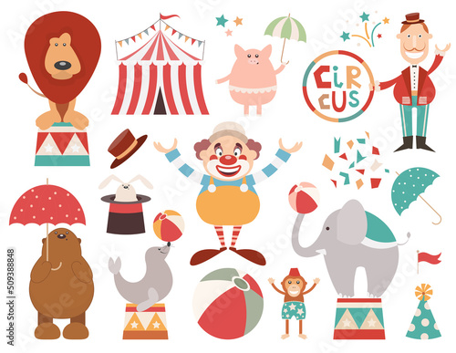 Cartoon Circus Set. Circus Artists, Elements and Animals isolated on white background. Fun Fair Tent. Vector Illustration