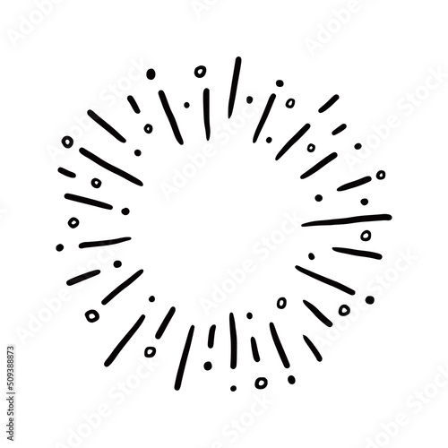 Hand drawn sunburst shine ray and sparkle element. Doodle sketch style. Circle burst of sun, star. Vector illustration.