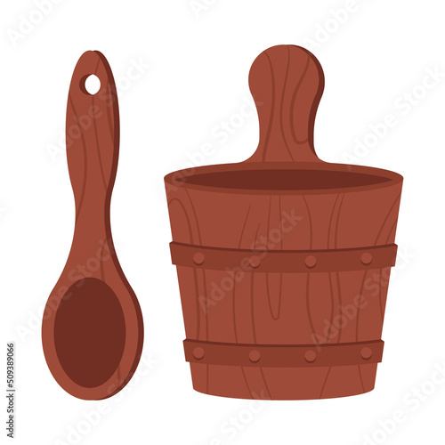 Wooden sauna ladle and bowl vector cartoon illustration isolated on a white background.
