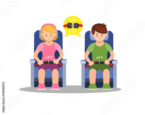 People sit wearing passenger seat belt in plane transportation instruction symbol illustration vector