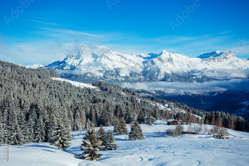 Winter alpine landscape with off-piste snowboard and ski tracks
