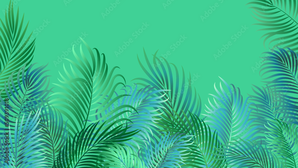 Tropical background with stylized palm leaves. Vector green and blue floral background, background for presentation and summer design