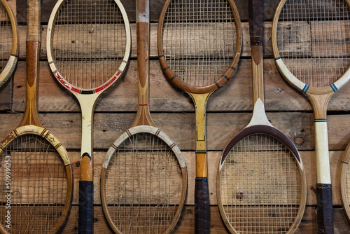 Old Fashioned Broken Wooden Tennis Rackets or Racquets © Darren Baker