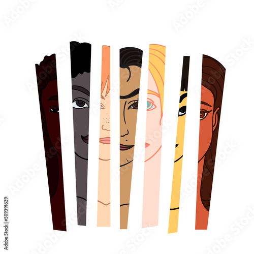 Diverse woman face of different race combining into one. Vector illustration concept for equality