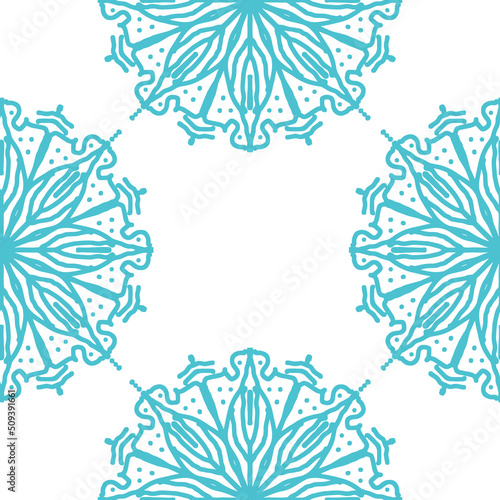 Seamless vector pattern with hand drawn mandala ornament in turquoise color on white background. Islam, Arabic, Indian, ottoman motifs.