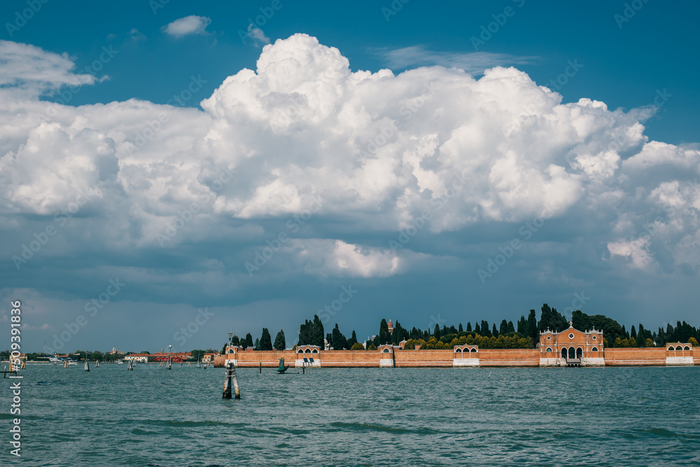 Amazing view of Venice old town and sea. Beautiful cloudy sky.