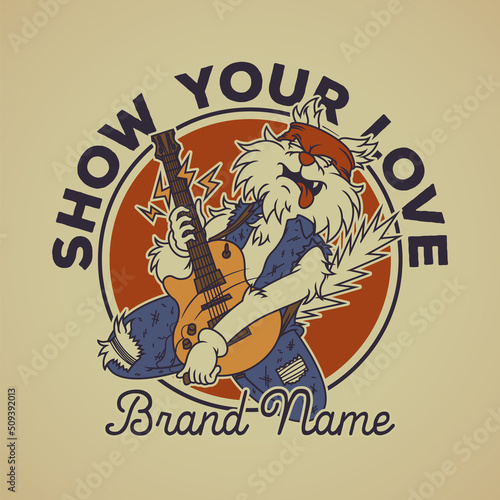 Cartoon emblem of rocker cat playing an electric guitar with retro style