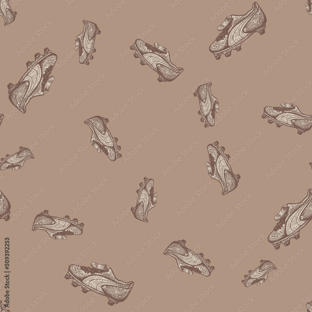 Fototapeta premium Football boots engraving seamless pattern. Vintage background sport topic in hand drawn style.