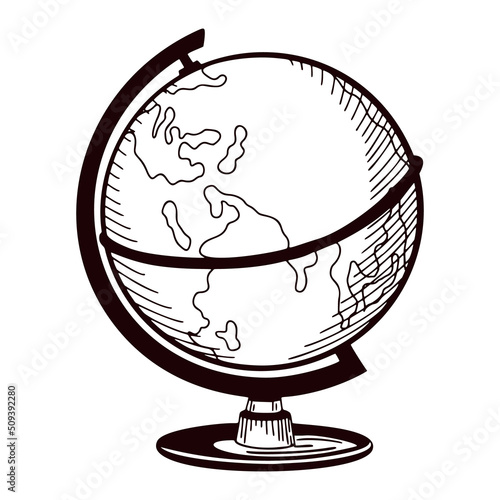 The globe engraved isolated on white background. Vintage world map in hand drawn style.