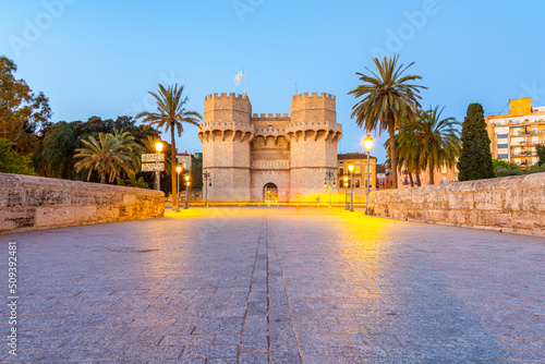 Landscape view of the Torres de Serranos at dawn - Valencia, Spain