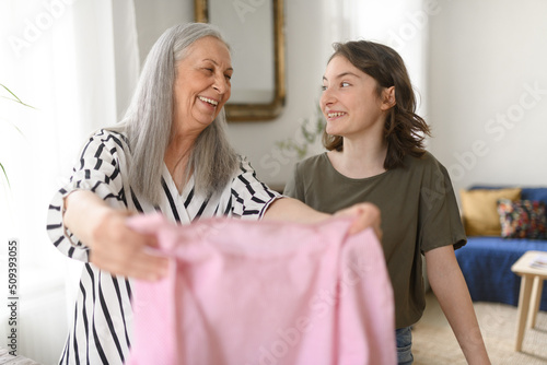 Obraz na plátne Teenage girl ironing and helping with household chores her senior grandmother at