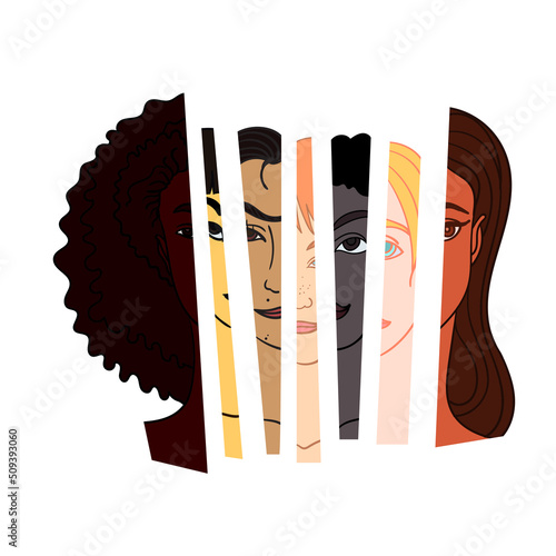 Diverse woman face of different race combining into one. Vector illustration concept for equality.