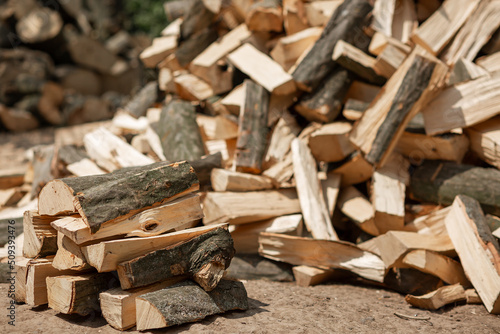 A stacked heap of chopped firewood for the stove. Agriculture