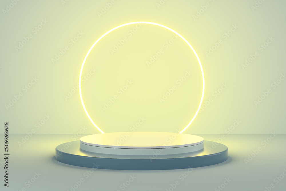 Abstract neon circle podium on yellow background. 3d render illustration Abstract neon circle podium on yellow background. 3d render illustration