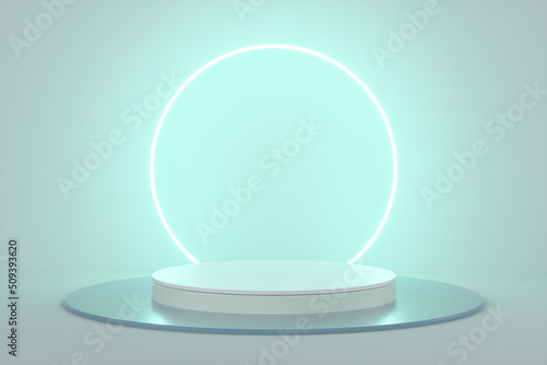 Abstract neon circle podium on green background. 3d render illustration