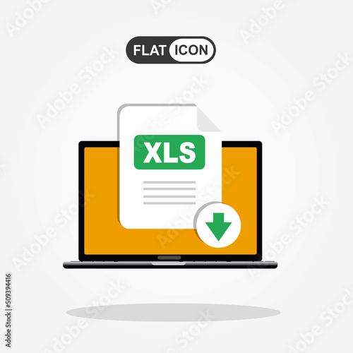 Download XLS button on laptop screen. Downloading document concept. File with XLS label and down arrow sign. Vector stock illustration.