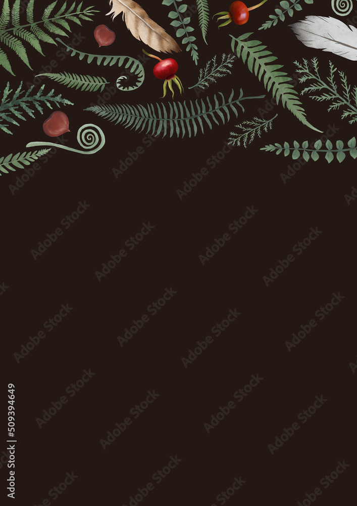 Greeting, invitation, thank you card on dark background. Forest greenery design: feathers, red berries, fern and oak green leaves foliage frame border template Greeting, invitation, thank you card on dark background. Forest greenery design: feathers, red berries, fern and oak green leaves foliage frame border template