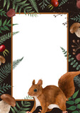 Rustic border template with forest elements, cute squirrel, mushrooms, green leaves. Autumn botanical frame with dark border. Design element for invitations, greeting cards, cosmetic etc
