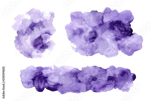 Violet  white   watercolor abstract stains. Grunge hand painted textures  washes  design elements.