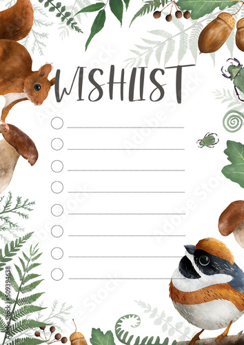 Botanical wish list template with autumn elements themed blank, personal organizer. Journal page layout design. Blank wishlist template. photo