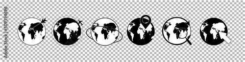 Set of internet icons. Globe, planet earth black icons on transparent background. Round spheres of various types, internet connection and communication icon. Vector image. 