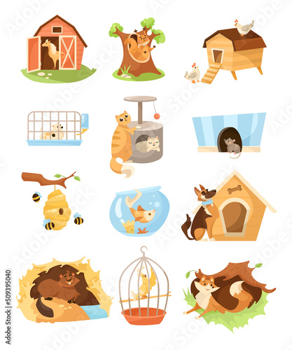 Wild and domestic animals with homes vector illustrations set. Cartoon characters in dens, comic parrot in cage, dog near kennel, fish in aquarium isolated on white background. Animals, nature concept