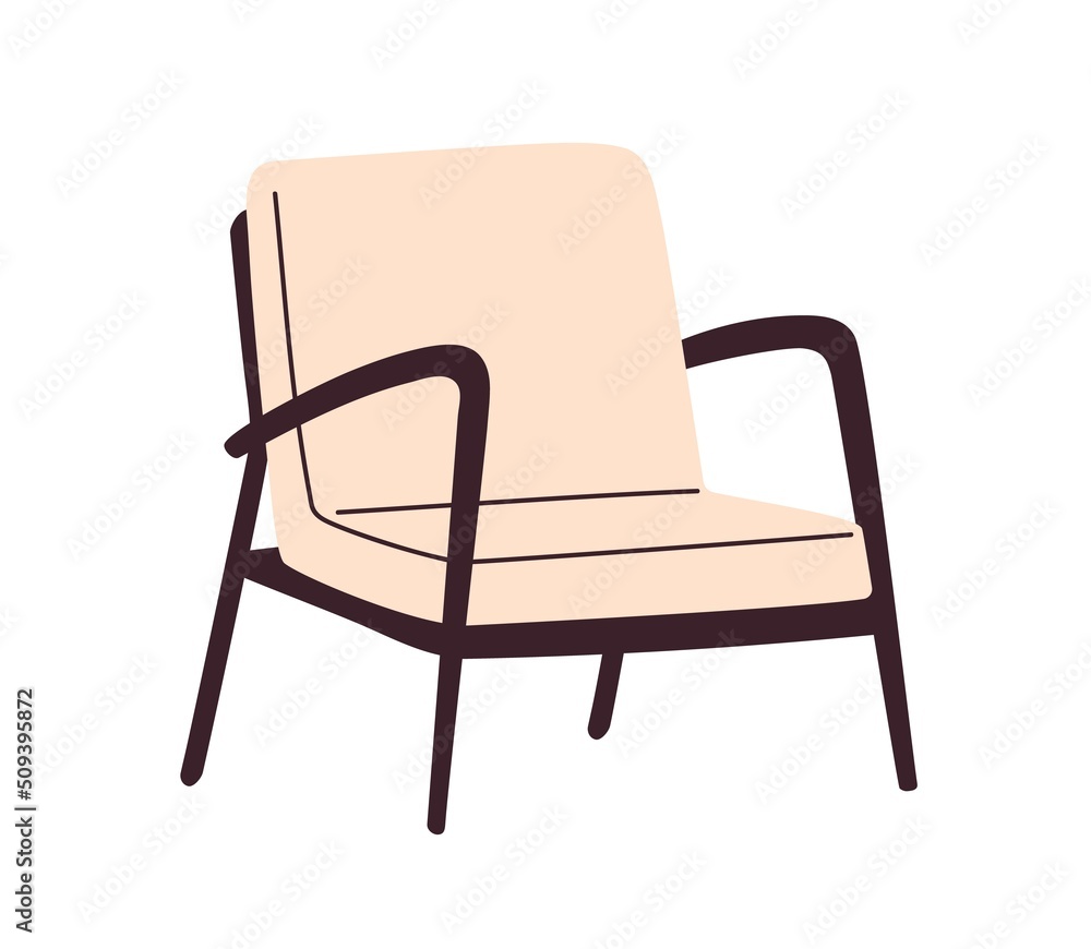 Retro-styled armchair design with wood base and upholstered seat. Trendy mid-century 60s lounge arm chair furniture for living room. Colored flat vector illustration isolated on white background Retro-styled armchair design with wood base and upholstered seat. Trendy mid-century 60s lounge arm chair furniture for living room. Colored flat vector illustration isolated on white background
