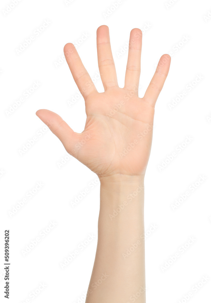 Woman hand shows finger-counting, on white background Woman hand shows finger-counting, on white background