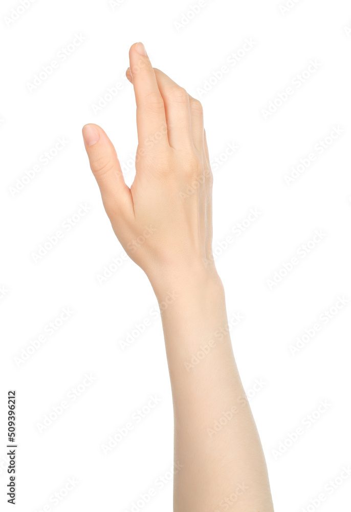 Woman hand shows virtual touching, on white background