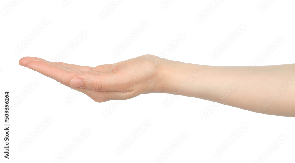 Woman hand shows virtual holding something, on white background Woman hand shows virtual holding something, on white background