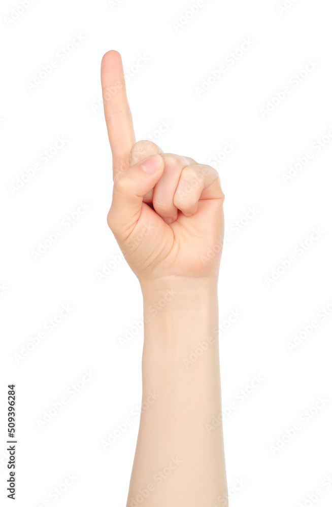 Woman hand shows finger-counting, on white background Woman hand shows finger-counting, on white background
