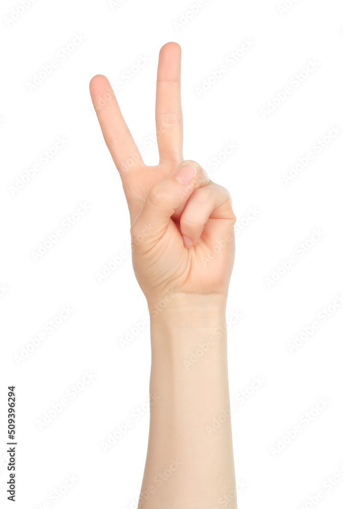 Woman hand shows finger-counting, on white background Woman hand shows finger-counting, on white background