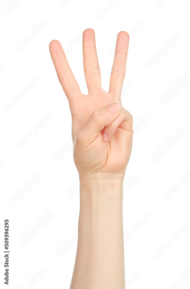 Woman hand shows finger-counting, on white background Woman hand shows finger-counting, on white background