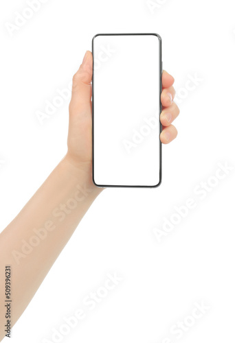 Hand holding modern Smart Phone, isolated on white background