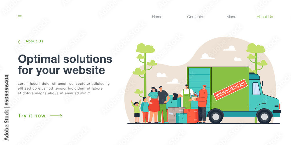 Volunteers and family next to humanitarian aid van. People giving boxes with food to refugees flat vector illustration. Charity, support, assistance concept for banner, website design or landing page