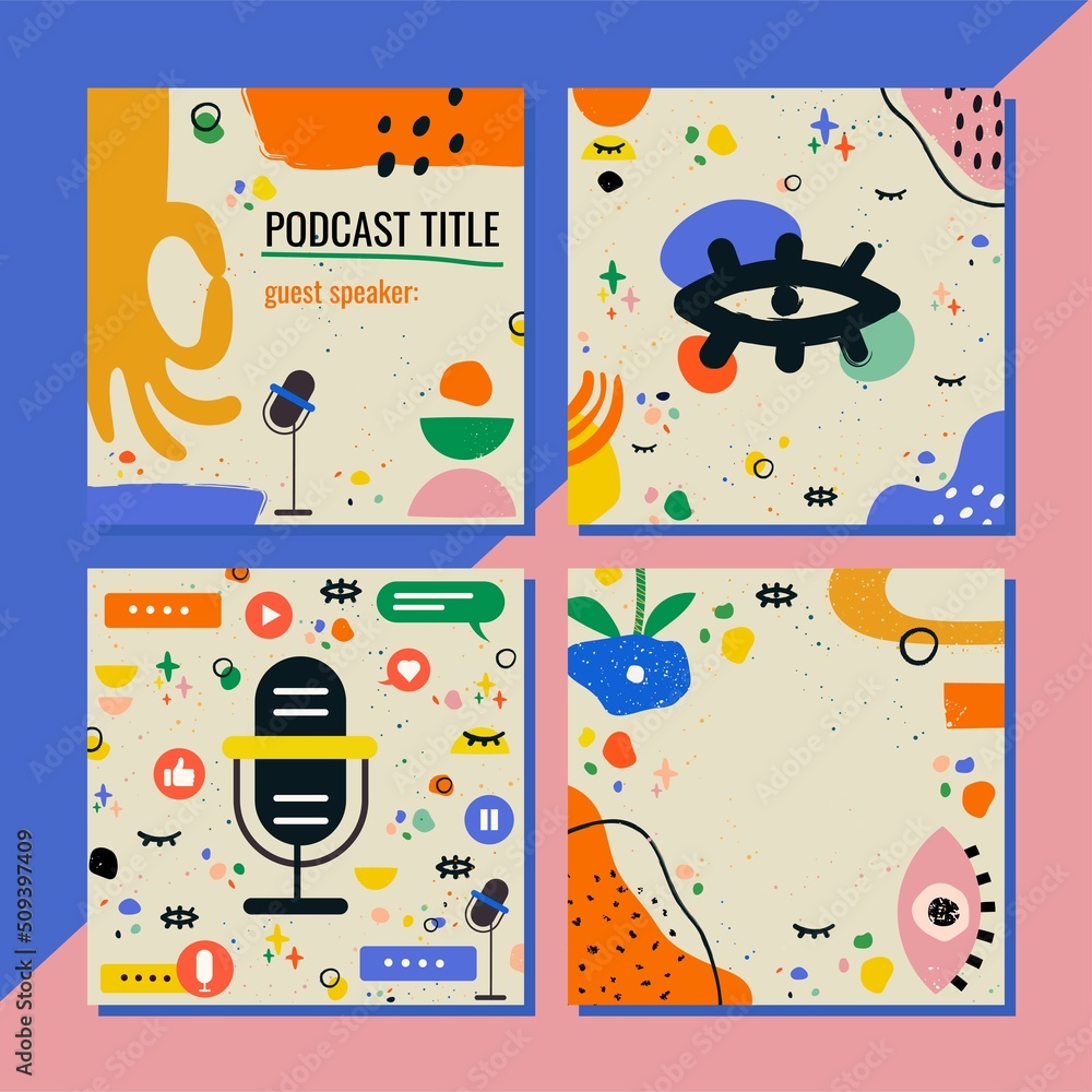 Vector set of templates for podcast. The design is suitable for topics such as books, interviews, conversations, art, psychological and others