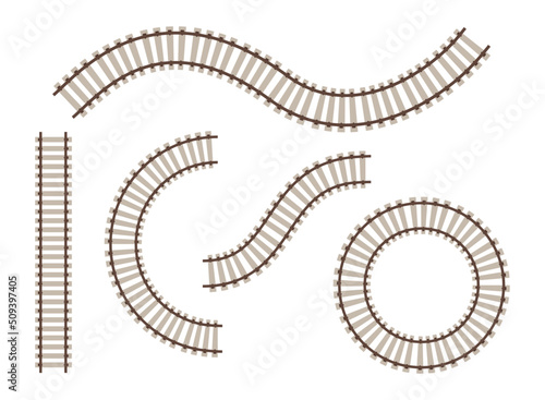 Set of realistic train tracks railroad contour, vector illustration