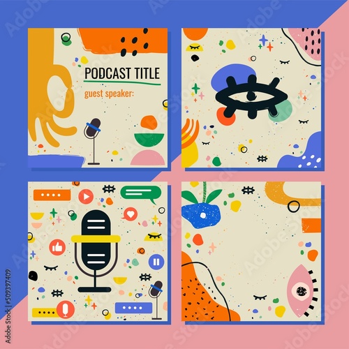 Vector set of templates for podcast. The design is suitable for topics such as books, interviews, conversations, art, psychological and others