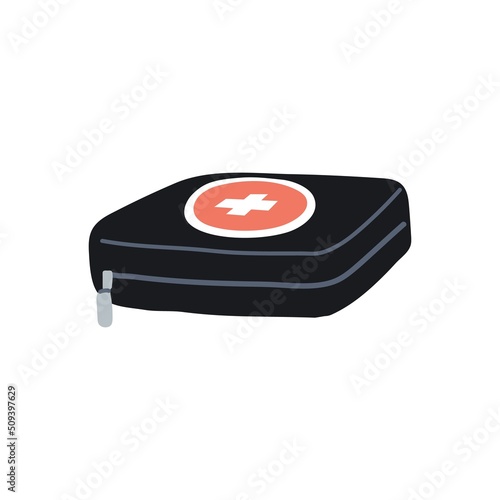 First aid kit. Medical emergency box with cross sign. Closed firstaid case. Health pack, medkit with urgency medications. Flat vector illustration isolated on white background