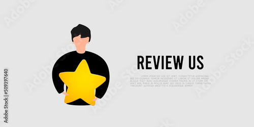 Cartoon man hold yellow star, costumer review illustration