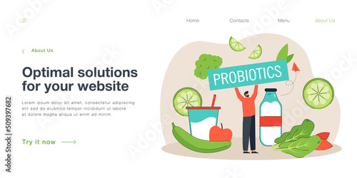 Tiny cartoon man holding big probiotics sign. Person with healthy diet and probiotic foods, gut health flat vector illustration. Healthy lifestyle, food concept for banner or landing web page