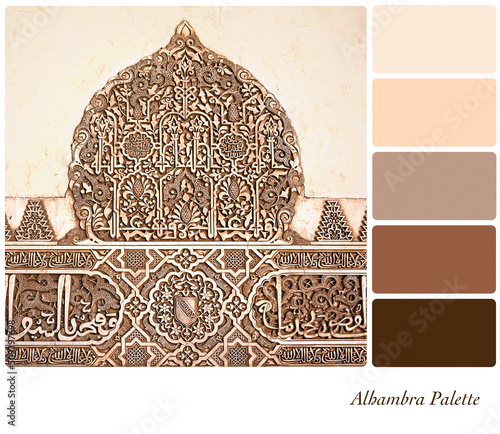 Alhambra detail in a colour palette with complimentary colour swatches