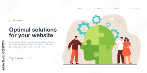 Office people putting pieces of jigsaw of head puzzle together. Symbol of psychological help or personality, partnership flat vector illustration. Mental health, support, leadership concept for banner