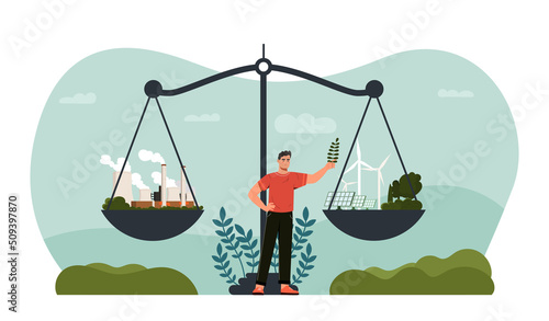 CO2 neutral balance concept. Scales with factories, industries and exhaust or alternative energy sources and solar panels. Zero pollution and environmental care. Cartoon flat vector illustration