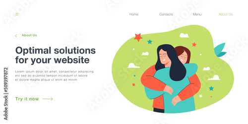 Two happy cartoon women hugging. Friends, sisters or girlfriends embracing, wrapping arms around each other flat vector illustration. Love, friendship, affection concept for banner or landing web page