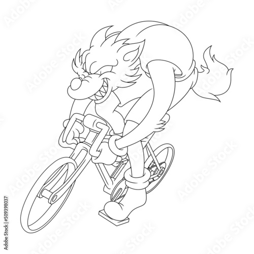 Coloring illustration of cartoon wolf riding a bicycle