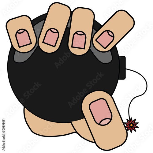 Hand holding a bomb, isolated on white background in cartoon style in vector graphic