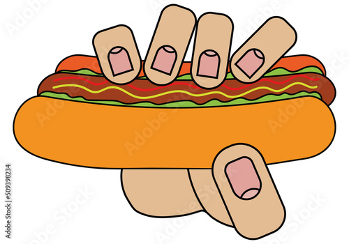 Hand holding hot dog, isolated on white background in cartoon style in vector graphic