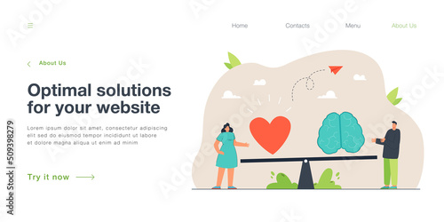 Tiny man and woman with brain and heart on scales or seesaw. Gut feeling or intuition against rational thinking flat vector illustration. Emotions and logic balance concept for banner, website design